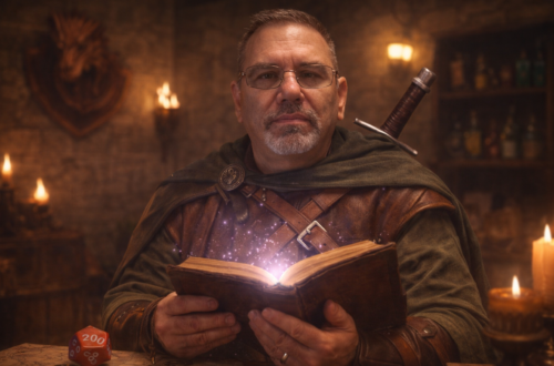 Professional portrait of Frank Jamison, a middle-aged man with short gray hair, glasses, and a neatly trimmed beard, dressed as a fantasy adventurer in a cloak and leather armor, holding a glowing spellbook in a warmly lit medieval tavern setting with candles, wooden shelves, and a sword visible behind him.
