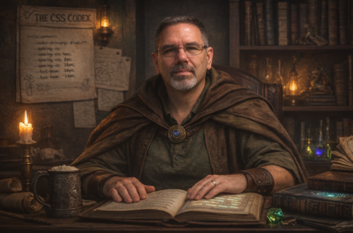 Professional portrait of web developer Frank Jamison styled as a medieval scholar, seated at a desk with an open book, surrounded by warm candlelight, bookshelves, and parchment featuring CSS variables in a fantasy-inspired study setting