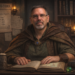 Professional portrait of web developer Frank Jamison styled as a medieval scholar, seated at a desk with an open book, surrounded by warm candlelight, bookshelves, and parchment featuring CSS variables in a fantasy-inspired study setting