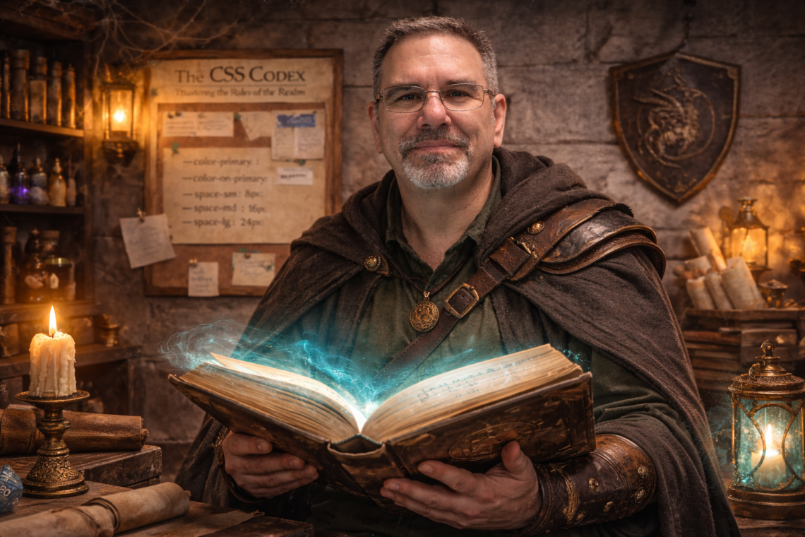 Portrait of Frank Jamison as a wizard-like developer holding a glowing spellbook of CSS code in a medieval study, surrounded by candles, scrolls, and a corkboard displaying design variables and layout notes for refactoring stylesheets
