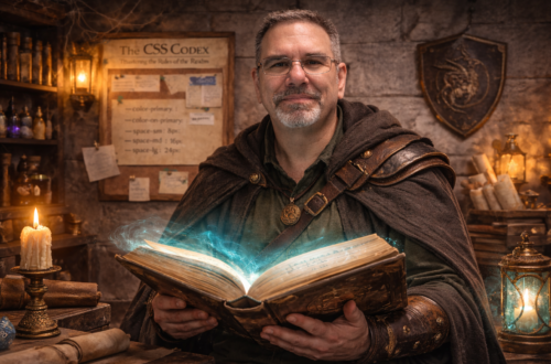 Portrait of Frank Jamison as a wizard-like developer holding a glowing spellbook of CSS code in a medieval study, surrounded by candles, scrolls, and a corkboard displaying design variables and layout notes for refactoring stylesheets