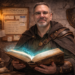 Portrait of Frank Jamison as a wizard-like developer holding a glowing spellbook of CSS code in a medieval study, surrounded by candles, scrolls, and a corkboard displaying design variables and layout notes for refactoring stylesheets