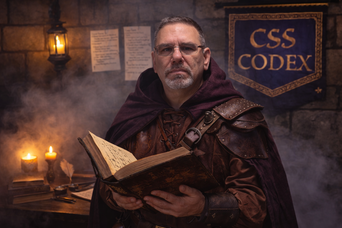 Frank Jamison in a medieval scholar setting, holding an open book and wearing a dark cloak and leather armor, surrounded by candlelight and CSS-themed elements, symbolizing control and structure in modern CSS development.