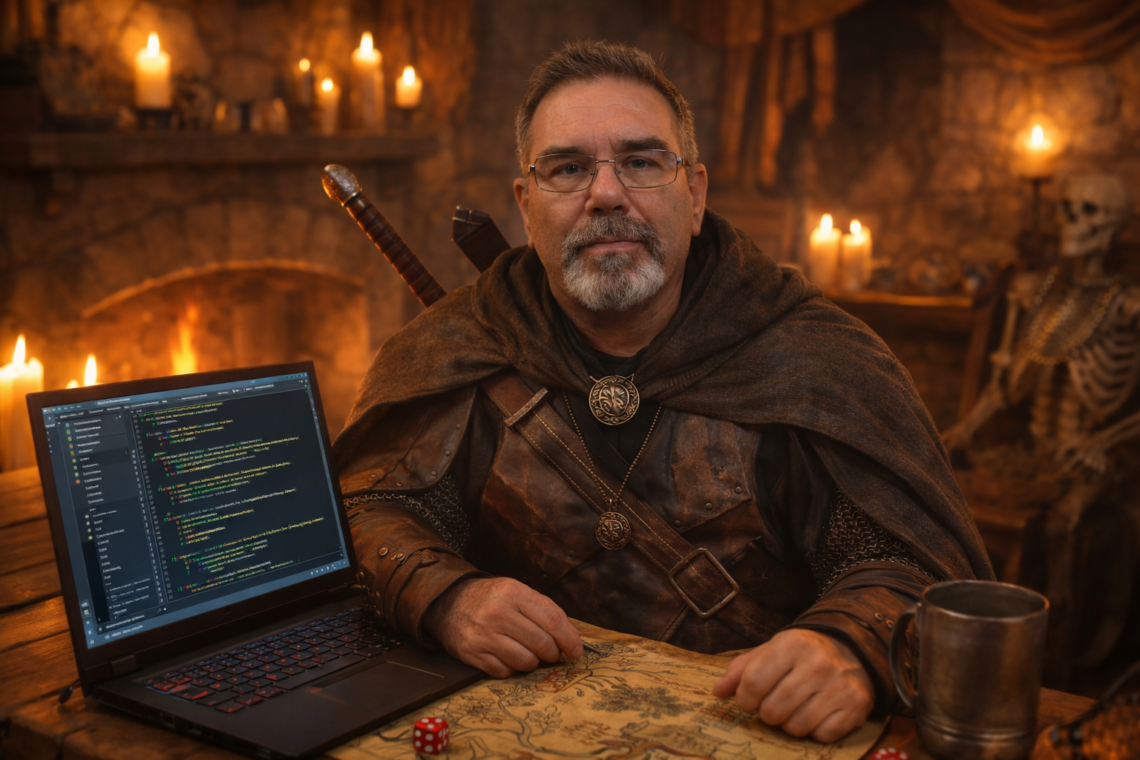 Frank Jamison dressed as a medieval adventurer sits at a tavern table with a laptop displaying code, surrounded by candles, a map, and fantasy-themed elements representing full-stack web development from interface to infrastructure.