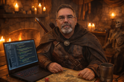 Frank Jamison dressed as a medieval adventurer sits at a tavern table with a laptop displaying code, surrounded by candles, a map, and fantasy-themed elements representing full-stack web development from interface to infrastructure.
