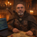 Frank Jamison dressed as a medieval adventurer sits at a tavern table with a laptop displaying code, surrounded by candles, a map, and fantasy-themed elements representing full-stack web development from interface to infrastructure.