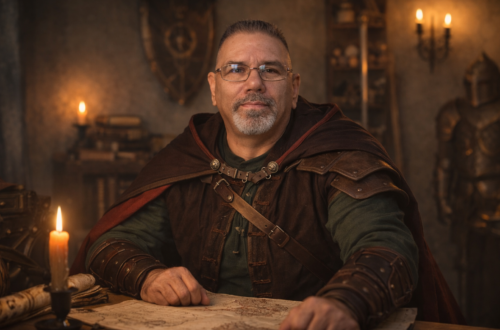 Portrait of Frank Jamison dressed as a fantasy mapmaker seated at a wooden table, wearing a cloak and leather armor, looking directly at the viewer while studying a parchment map, with warm candlelight illuminating a medieval room filled with books, maps, and artifacts, evoking the theme of a web developer exploring how the browser shapes the digital world.