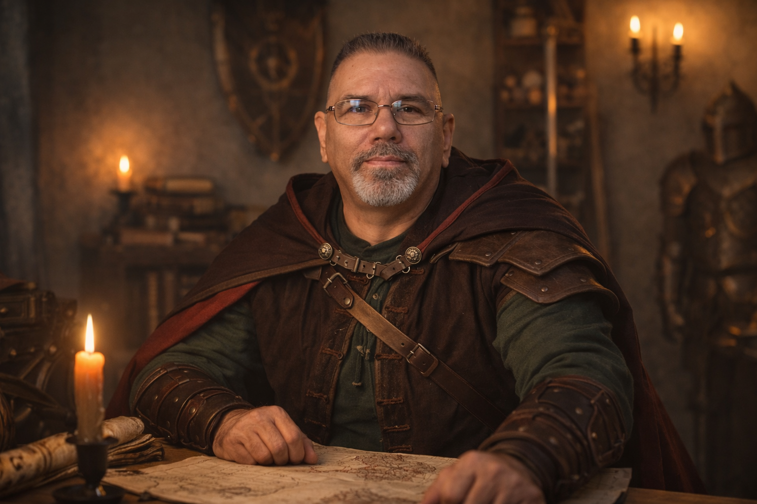 Portrait of Frank Jamison dressed as a fantasy mapmaker seated at a wooden table, wearing a cloak and leather armor, looking directly at the viewer while studying a parchment map, with warm candlelight illuminating a medieval room filled with books, maps, and artifacts, evoking the theme of a web developer exploring how the browser shapes the digital world.