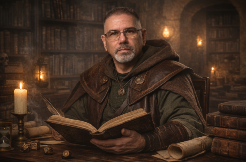 Frank Jamison, wearing medieval-inspired scholarly attire, sits at a wooden desk in a dimly lit library, holding an open book and looking forward with a focused, thoughtful expression. Warm candlelight illuminates shelves of old books, scrolls, and dice in the background, creating a D&D inspired atmosphere that reflects careful study and structured design.