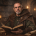 Frank Jamison, wearing medieval-inspired scholarly attire, sits at a wooden desk in a dimly lit library, holding an open book and looking forward with a focused, thoughtful expression. Warm candlelight illuminates shelves of old books, scrolls, and dice in the background, creating a D&D inspired atmosphere that reflects careful study and structured design.