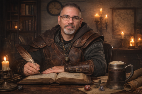 Portrait of Frank Jamison seated at a wooden desk in a medieval inspired study, wearing leather armor over a dark tunic and chainmail accents, looking forward with a calm and confident expression. He holds a quill over an open book, surrounded by candles, scrolls, dice, and a tankard, evoking a fantasy strategist or storyteller atmosphere.