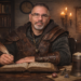 Portrait of Frank Jamison seated at a wooden desk in a medieval inspired study, wearing leather armor over a dark tunic and chainmail accents, looking forward with a calm and confident expression. He holds a quill over an open book, surrounded by candles, scrolls, dice, and a tankard, evoking a fantasy strategist or storyteller atmosphere.