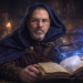 Portrait of Frank Jamison dressed as a hooded fantasy mage, seated at a wooden table in a candlelit study, holding an open spellbook glowing with blue magical energy, with bookshelves and a twenty-sided die visible in the background.