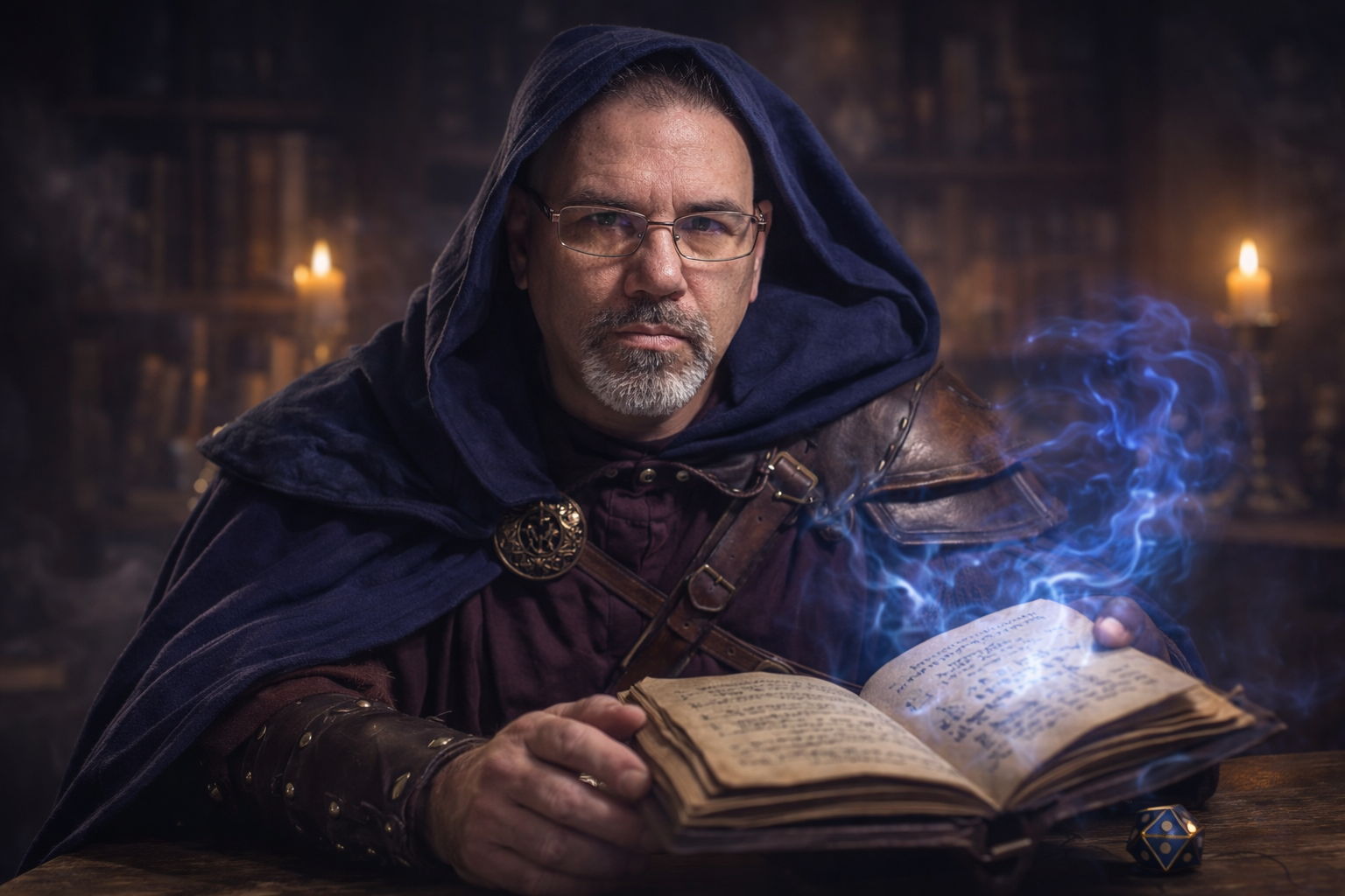 Portrait of Frank Jamison dressed as a hooded fantasy mage, seated at a wooden table in a candlelit study, holding an open spellbook glowing with blue magical energy, with bookshelves and a twenty-sided die visible in the background.