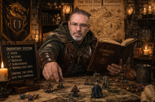 Frank Jamison dressed in medieval fantasy attire studies a tabletop role playing game map while moving a miniature figure, holding an open campaign log book, surrounded by dice, candles, and a chalkboard labeled inventory system in a richly detailed Dungeons and Dragons setting.