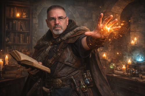 Frank Jamison dressed as a battle mage in a dim stone chamber, holding an open spellbook in one hand while casting glowing golden magic from the other, surrounded by candles, potions, and arcane objects, with a focused and determined expression.
