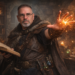 Frank Jamison dressed as a battle mage in a dim stone chamber, holding an open spellbook in one hand while casting glowing golden magic from the other, surrounded by candles, potions, and arcane objects, with a focused and determined expression.
