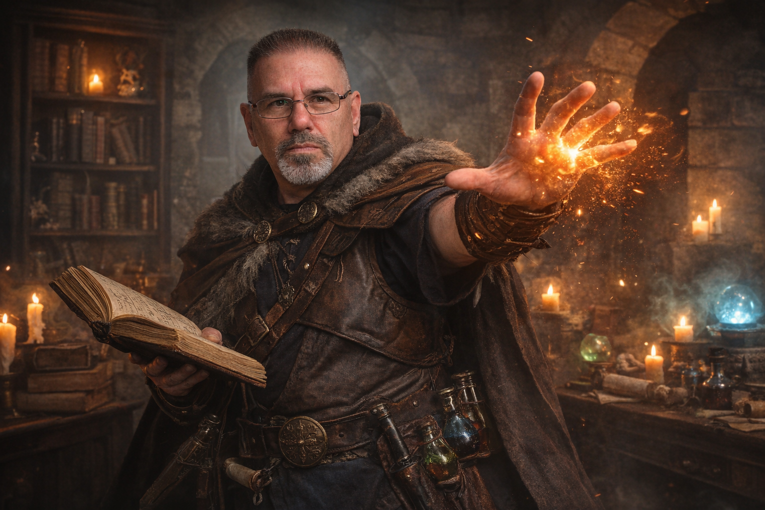 Frank Jamison dressed as a battle mage in a dim stone chamber, holding an open spellbook in one hand while casting glowing golden magic from the other, surrounded by candles, potions, and arcane objects, with a focused and determined expression.