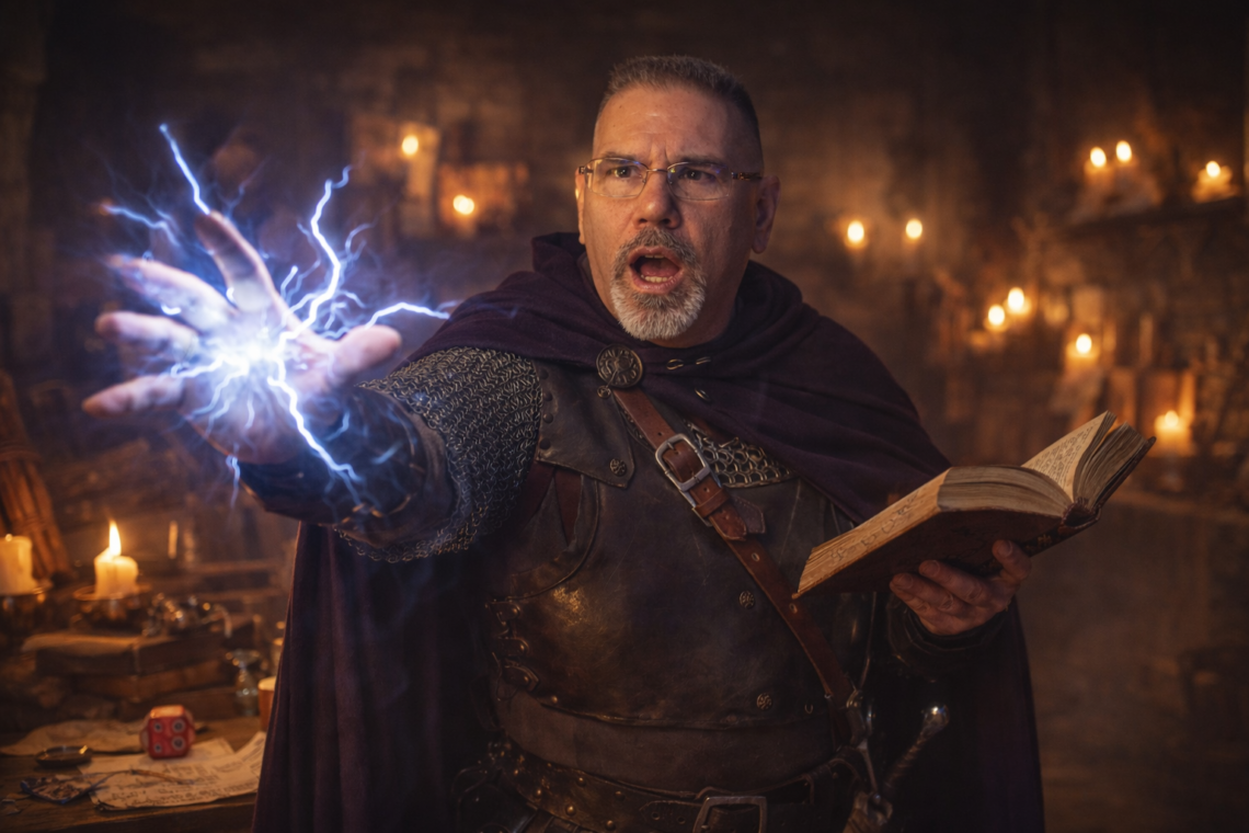 Frank Jamison dressed as a fantasy spellcaster in a dim tavern setting, wearing chainmail and a cloak while casting blue lightning from his hand and holding an open spellbook, his expression focused and intense as candlelight flickers behind him.