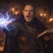 Frank Jamison dressed as a fantasy spellcaster in a dim tavern setting, wearing chainmail and a cloak while casting blue lightning from his hand and holding an open spellbook, his expression focused and intense as candlelight flickers behind him.