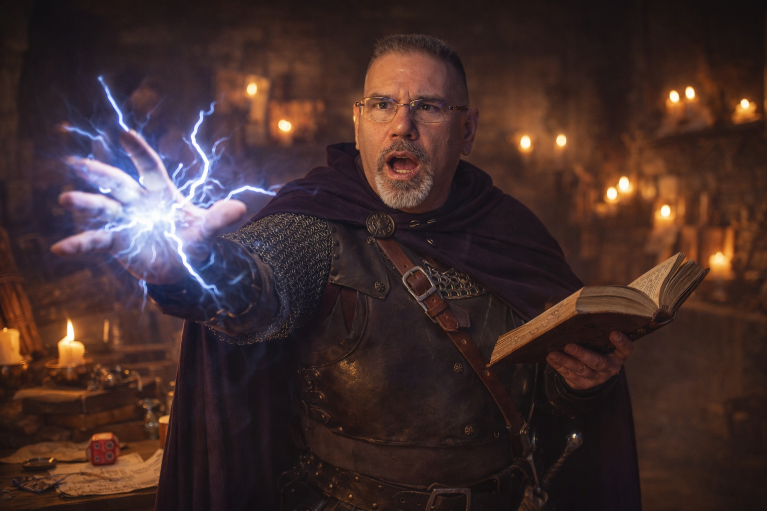 Frank Jamison dressed as a fantasy spellcaster in a dim tavern setting, wearing chainmail and a cloak while casting blue lightning from his hand and holding an open spellbook, his expression focused and intense as candlelight flickers behind him.