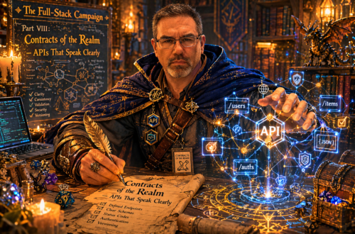 Frank Jamison portrayed as a focused fantasy mage in a candlelit study, wearing a dark blue cloak with glowing rune details and a badge reading Full Stack Campaign. He gestures toward a floating, luminous network of API endpoints labeled users, items, auths, and JSON, while writing on a parchment titled Contracts of the Realm APIs That Speak Clearly. Surrounded by books, dice, and a laptop displaying code, he appears serious and intent, blending software development with a D and D inspired magical setting.