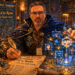 Frank Jamison portrayed as a focused fantasy mage in a candlelit study, wearing a dark blue cloak with glowing rune details and a badge reading Full Stack Campaign. He gestures toward a floating, luminous network of API endpoints labeled users, items, auths, and JSON, while writing on a parchment titled Contracts of the Realm APIs That Speak Clearly. Surrounded by books, dice, and a laptop displaying code, he appears serious and intent, blending software development with a D and D inspired magical setting.