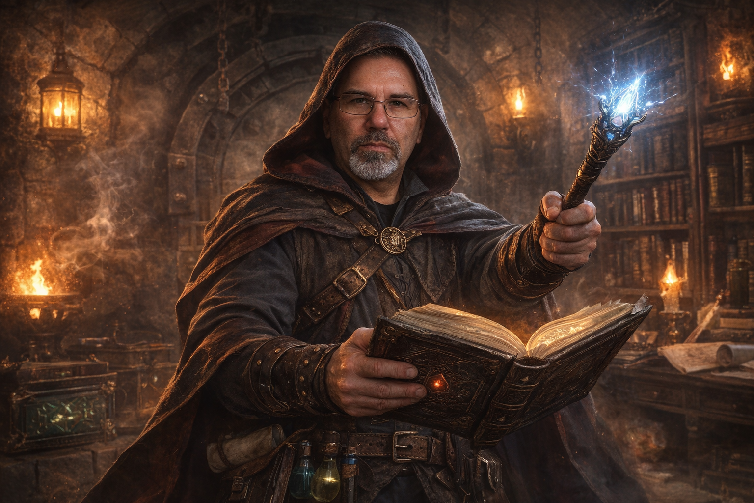 Frank Jamison stands in a dim, dungeon-like vault dressed as a fantasy mage, wearing a dark hooded cloak and leather gear. He holds an open spellbook in one hand and raises a glowing wand in the other, casting blue magical energy. His expression is focused and determined. The background features stone walls, shelves of ancient books and potions, and warm torchlight illuminating the scene.