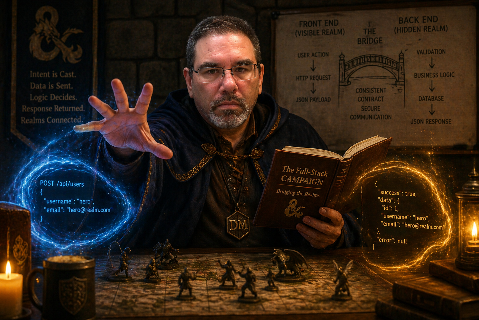 Frank Jamison dressed as a fantasy dungeon master sits at a table with miniatures and a map, extending his hand as glowing blue magic forms a portal on one side and a golden portal on the other. He holds a book titled The Full Stack Campaign while diagrams behind him illustrate the connection between front end and back end systems, showing data requests and responses flowing across a bridge between realms.