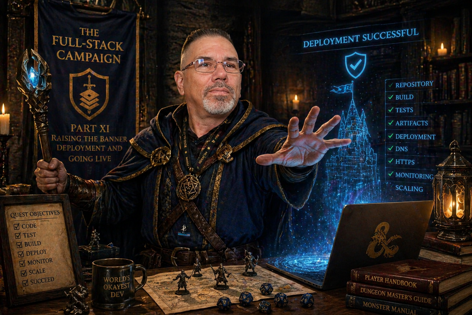 Frank Jamison stands in a dim, fantasy-inspired study dressed as a mage-like commander in a dark blue and gold-trimmed robe, reaching forward with a focused expression as if casting a spell. A glowing holographic display beside him reads Deployment Successful with a checklist including repository, build, tests, artifacts, deployment, DNS, HTTPS, monitoring, and scaling. Behind him, a banner reads The Full-Stack Campaign Part XI Raising the Banner Deployment and Going Live. The desk in front of him holds a laptop with a dragon emblem, a map with miniature figures and dice, a mug labeled World’s Okayest Dev, and stacked Dungeons and Dragons books, blending software deployment themes with a D and D setting.