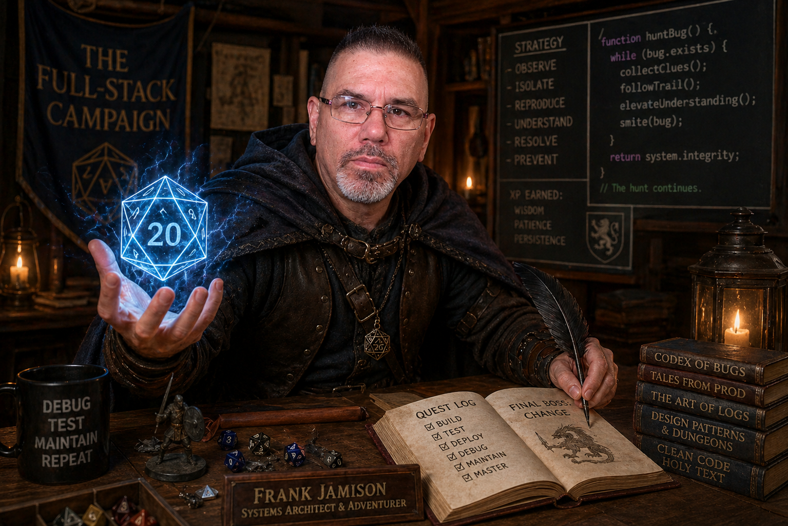 Frank Jamison is shown as a fantasy-themed developer adventurer seated at a wooden desk in a dim, candlelit study. He wears dark leather armor and a cloak, holding a glowing blue twenty-sided die above his hand while writing in an open quest log with a quill. His expression is focused and intense, reflecting concentration and control. The desk is covered with dice, a small warrior figurine, and a mug labeled debug test maintain repeat. Behind him are shelves of books, a lantern, and a banner reading The Full-Stack Campaign. A chalkboard displays coding concepts styled like a strategy list, reinforcing the blend of software development and Dungeons and Dragons themes.