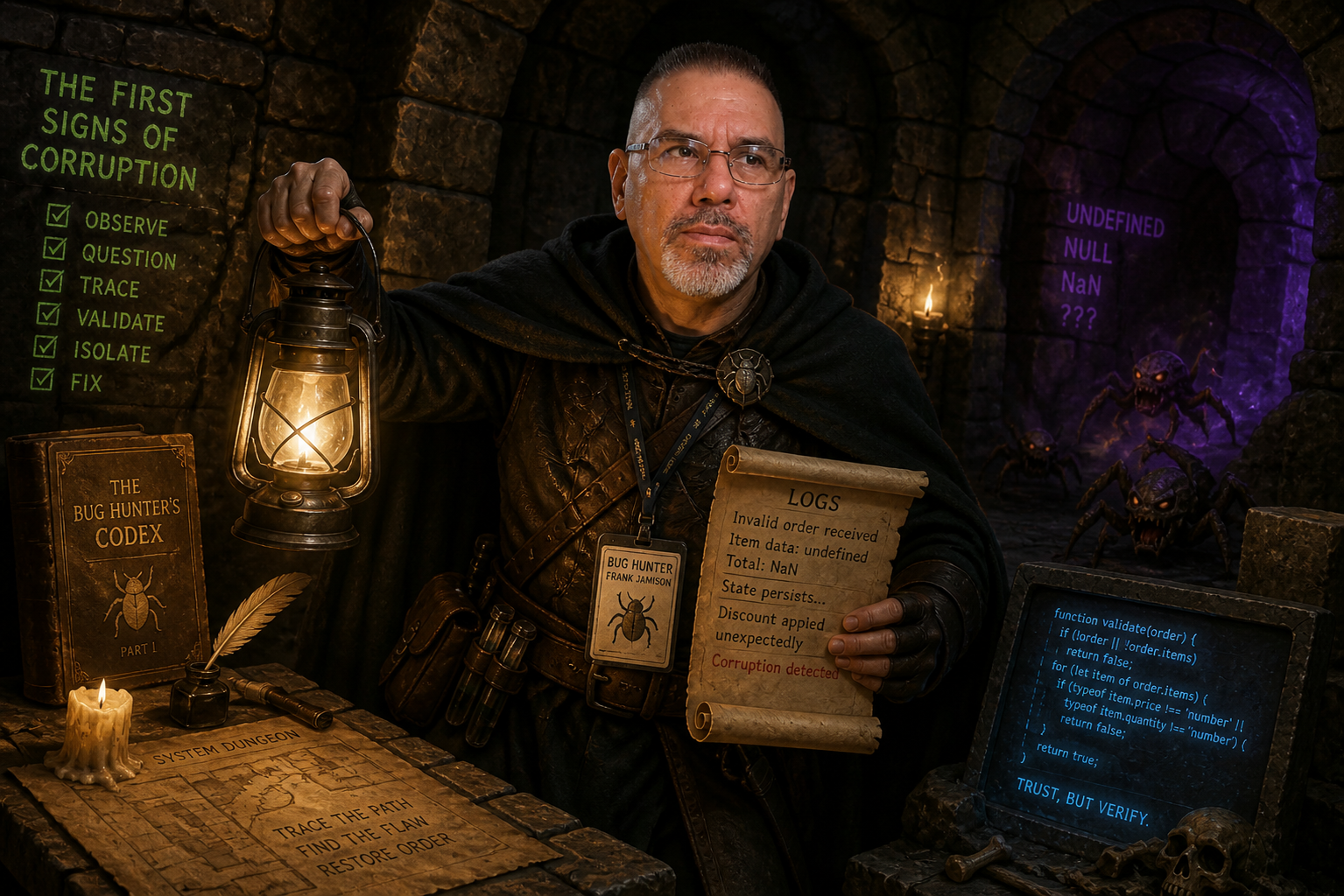 Frank Jamison portrayed as a focused D&D-style bug hunter in a dark stone dungeon, holding a lantern and examining a parchment labeled logs while investigating signs of corruption, with glowing code, eerie creatures, and cryptic warnings like undefined, null, and NaN surrounding him.