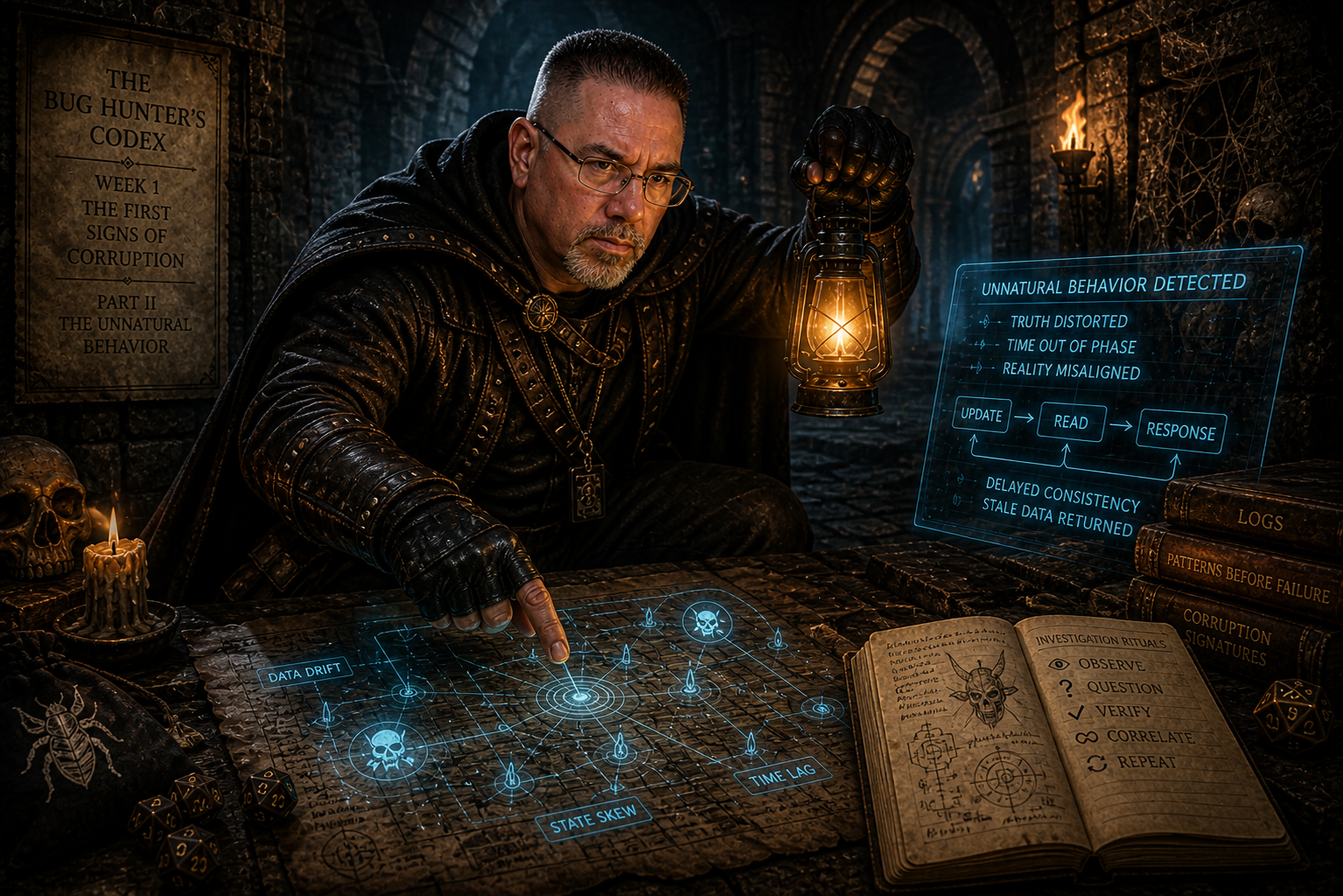 Frank Jamison, portrayed as a D&D-inspired bug hunter, crouches in a dimly lit dungeon while holding a lantern and studying a glowing, arcane-style data map on a stone table. His expression is focused and intense as he investigates signs of corrupted system behavior, surrounded by ancient runes, books, dice, and hybrid magical-technical elements that symbolize debugging and hidden system anomalies.