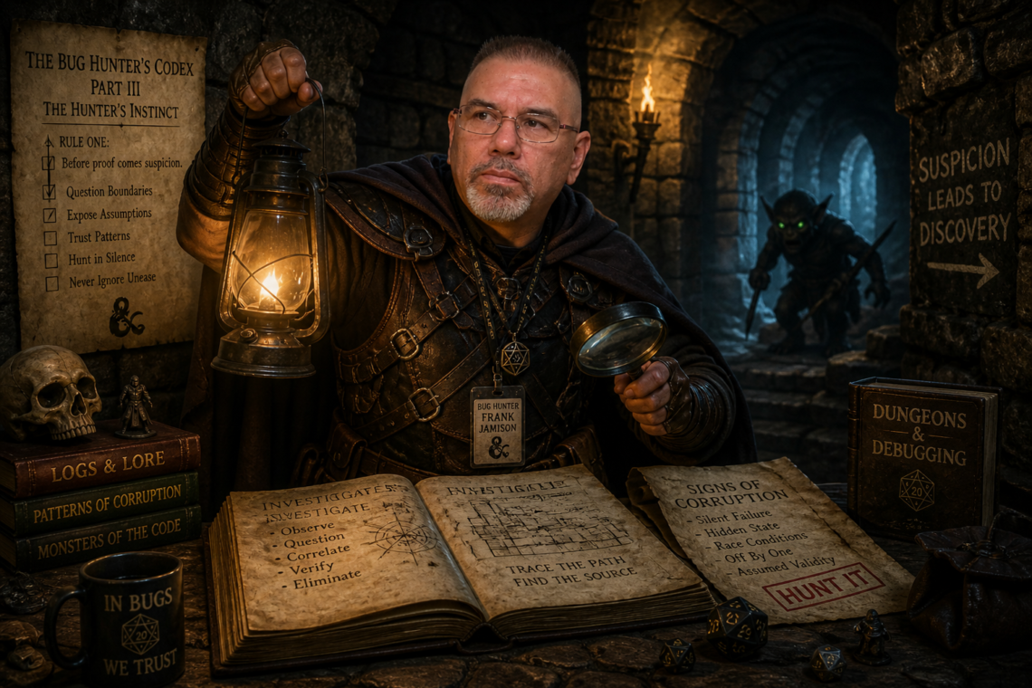 Frank Jamison is depicted as a focused dungeon investigator in a dark, medieval stone corridor, wearing leather armor and a cloak while holding a lantern in one hand and a magnifying glass in the other. He studies an open tome filled with investigative notes and symbols on a wooden table scattered with dice, skulls, and books labeled with themes of debugging and corruption. A shadowy creature with glowing eyes lurks in the background, reinforcing the sense of danger and discovery. The scene is lit by warm torchlight and lantern glow, highlighting his serious, analytical expression as he searches for hidden clues.