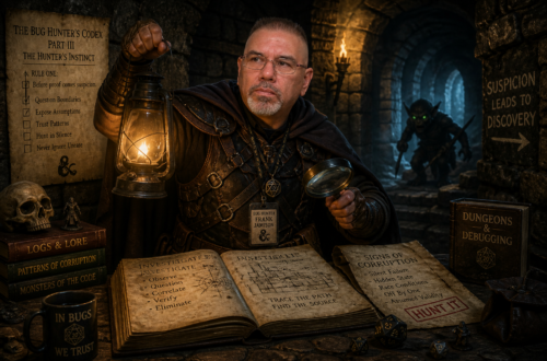 Frank Jamison is depicted as a focused dungeon investigator in a dark, medieval stone corridor, wearing leather armor and a cloak while holding a lantern in one hand and a magnifying glass in the other. He studies an open tome filled with investigative notes and symbols on a wooden table scattered with dice, skulls, and books labeled with themes of debugging and corruption. A shadowy creature with glowing eyes lurks in the background, reinforcing the sense of danger and discovery. The scene is lit by warm torchlight and lantern glow, highlighting his serious, analytical expression as he searches for hidden clues.
