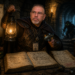 Frank Jamison is depicted as a focused dungeon investigator in a dark, medieval stone corridor, wearing leather armor and a cloak while holding a lantern in one hand and a magnifying glass in the other. He studies an open tome filled with investigative notes and symbols on a wooden table scattered with dice, skulls, and books labeled with themes of debugging and corruption. A shadowy creature with glowing eyes lurks in the background, reinforcing the sense of danger and discovery. The scene is lit by warm torchlight and lantern glow, highlighting his serious, analytical expression as he searches for hidden clues.