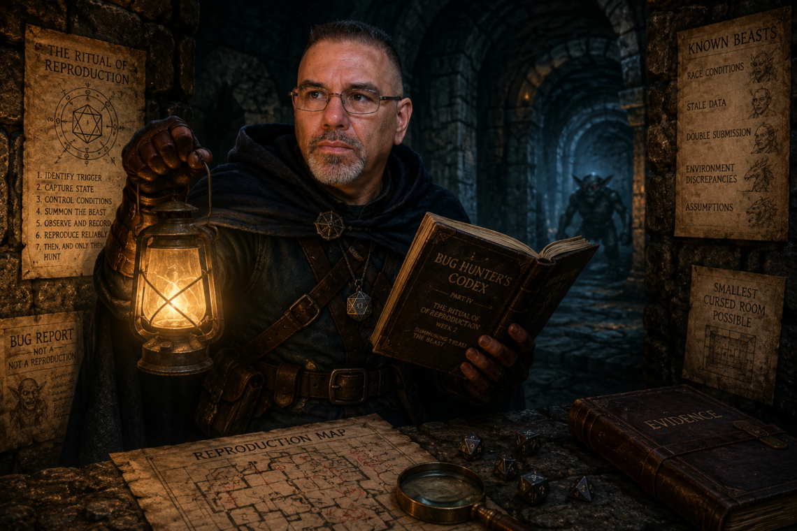 Frank Jamison, dressed as a rugged D&D-inspired bug hunter, cautiously investigates a dark stone dungeon while holding a glowing lantern and an ancient Bug Hunter’s Codex. Wearing a dark cloak and leather adventuring gear, Frank scans the corridor with a focused, determined expression as a shadowy beast lurks in the distance. Surrounding him are parchment diagrams and notes referencing bug hunting concepts such as reproduction rituals, race conditions, stale data, and the smallest cursed room possible, reinforcing the theme of investigative dungeon crawling and debugging as monster hunting.