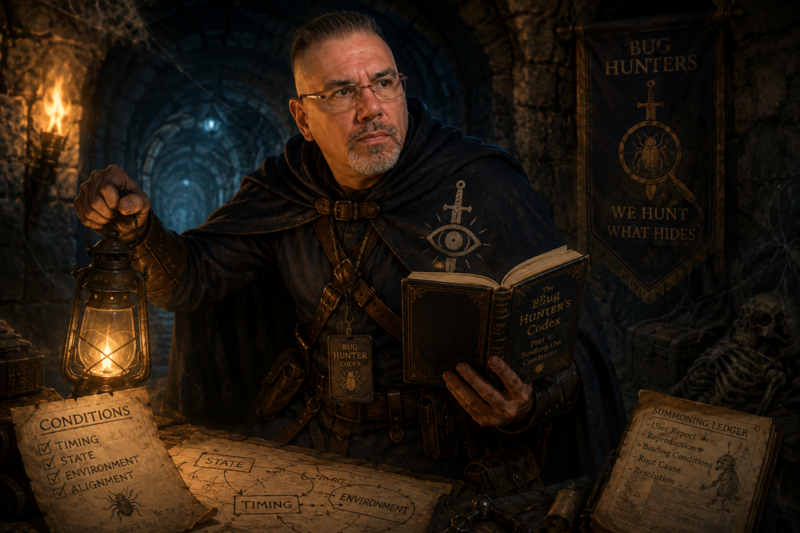 Frank Jamison, dressed as a seasoned Dungeons & Dragons inspired bug hunter, cautiously investigates a dark stone dungeon while holding a glowing lantern and studying The Bug Hunter’s Codex, Part V: Binding the Conditions. Cloaked in dark adventuring gear with investigative symbols, he scans the shadows with a focused, determined expression. Scattered maps and notes labeled timing, state, and environment cover a stone table, reinforcing the theme of tracking hidden conditions to uncover elusive software bugs. The torchlit dungeon background, cobwebs, and ominous atmosphere evoke a tense dungeon crawling investigation tied to The Bug Hunter’s Codex series.