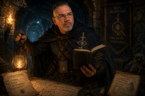 Frank Jamison, dressed as a seasoned Dungeons & Dragons inspired bug hunter, cautiously investigates a dark stone dungeon while holding a glowing lantern and studying The Bug Hunter’s Codex, Part V: Binding the Conditions. Cloaked in dark adventuring gear with investigative symbols, he scans the shadows with a focused, determined expression. Scattered maps and notes labeled timing, state, and environment cover a stone table, reinforcing the theme of tracking hidden conditions to uncover elusive software bugs. The torchlit dungeon background, cobwebs, and ominous atmosphere evoke a tense dungeon crawling investigation tied to The Bug Hunter’s Codex series.