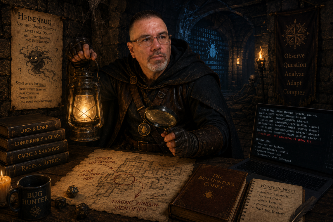 Frank Jamison, dressed as a Dungeons and Dragons inspired bug hunter, investigates a mysterious Heisenbug inside a dark dungeon corridor. Wearing a weathered cloak and leather adventurer gear, he holds a glowing lantern in one hand and a magnifying glass in the other with a focused, suspicious expression, as if tracking an unseen threat. Around him are maps marked with timing windows, coding clues, bug hunting notes, dice, ancient books, and a laptop displaying cryptic logs and intermittent system failures. Torches flicker against stone walls while symbols and warnings about the elusive Heisenbug reinforce the theme of investigative debugging and dungeon crawling.