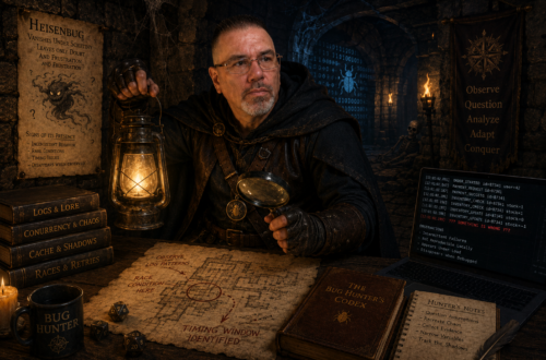 Frank Jamison, dressed as a Dungeons and Dragons inspired bug hunter, investigates a mysterious Heisenbug inside a dark dungeon corridor. Wearing a weathered cloak and leather adventurer gear, he holds a glowing lantern in one hand and a magnifying glass in the other with a focused, suspicious expression, as if tracking an unseen threat. Around him are maps marked with timing windows, coding clues, bug hunting notes, dice, ancient books, and a laptop displaying cryptic logs and intermittent system failures. Torches flicker against stone walls while symbols and warnings about the elusive Heisenbug reinforce the theme of investigative debugging and dungeon crawling.