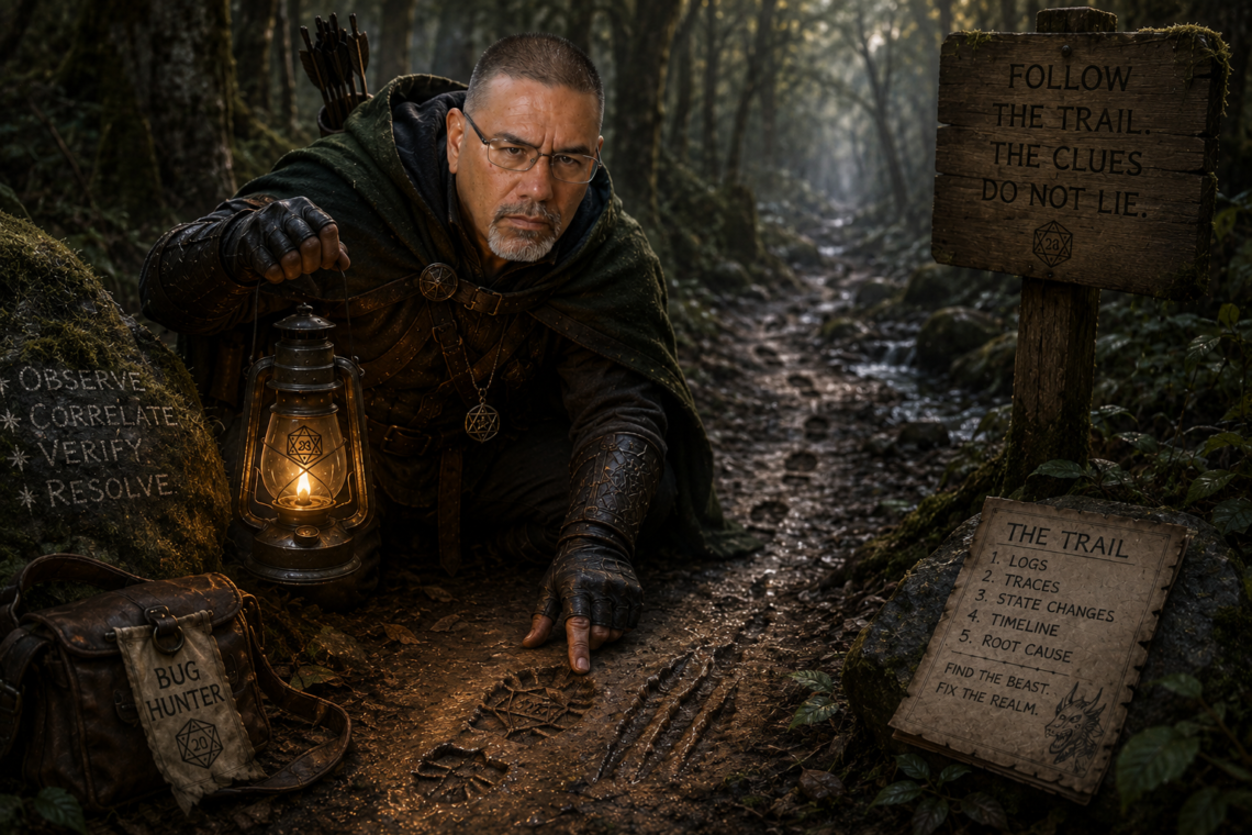 Frank Jamison portrayed as a determined D&D-inspired ranger crouching on a misty forest trail, examining tracks in the mud while holding a glowing lantern. Dressed in dark medieval ranger attire with a focused investigative expression, he follows clues through a shadowy woodland surrounded by carved signs, maps, and bug-hunting symbols inspired by The Bug Hunter’s Codex, Part VII: Following the Trail.