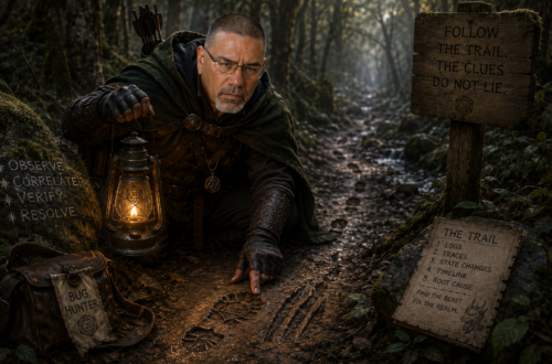 Frank Jamison portrayed as a determined D&D-inspired ranger crouching on a misty forest trail, examining tracks in the mud while holding a glowing lantern. Dressed in dark medieval ranger attire with a focused investigative expression, he follows clues through a shadowy woodland surrounded by carved signs, maps, and bug-hunting symbols inspired by The Bug Hunter’s Codex, Part VII: Following the Trail.