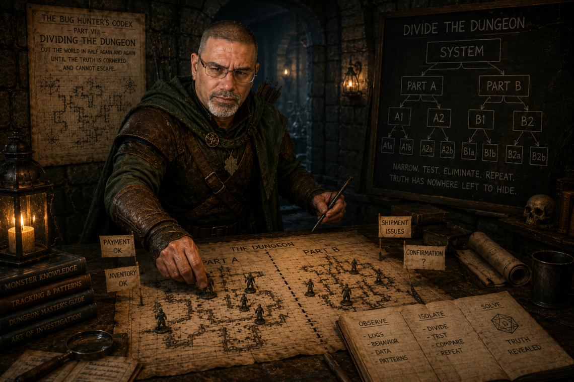 Frank Jamison portrayed as a D&D-inspired ranger investigator in a dim stone dungeon study, dressed in rugged leather armor and a forest-green cloak while carefully tracking clues across a large dungeon map split into sections. With a focused, determined expression, he points to one half of the map as if narrowing the search for a hidden threat, surrounded by lantern light, investigation notes, dungeon diagrams, and bug-hunting clues inspired by The Bug Hunter’s Codex, Part VIII: Dividing the Dungeon.