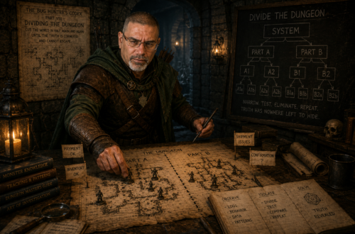 Frank Jamison portrayed as a D&D-inspired ranger investigator in a dim stone dungeon study, dressed in rugged leather armor and a forest-green cloak while carefully tracking clues across a large dungeon map split into sections. With a focused, determined expression, he points to one half of the map as if narrowing the search for a hidden threat, surrounded by lantern light, investigation notes, dungeon diagrams, and bug-hunting clues inspired by The Bug Hunter’s Codex, Part VIII: Dividing the Dungeon.