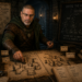 Frank Jamison portrayed as a D&D-inspired ranger investigator in a dim stone dungeon study, dressed in rugged leather armor and a forest-green cloak while carefully tracking clues across a large dungeon map split into sections. With a focused, determined expression, he points to one half of the map as if narrowing the search for a hidden threat, surrounded by lantern light, investigation notes, dungeon diagrams, and bug-hunting clues inspired by The Bug Hunter’s Codex, Part VIII: Dividing the Dungeon.
