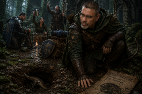 Frank Jamison portrayed as a vigilant D&D-style ranger kneels beside a hidden burrow in a misty forest ruin, dressed in weathered leather and forest-green ranger gear while the rest of his adventuring party celebrates a supposed victory near a campfire in the background. With a wary expression, Frank watches as a scaly creature quietly escapes underground, reinforcing the theme of The Bug Hunter’s Codex, Part IX: The False Victory, where the danger may not truly be gone.