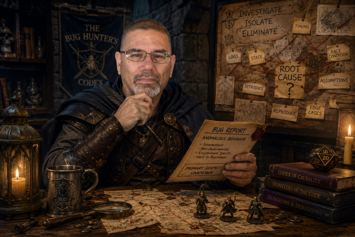 Frank Jamison portrayed as a Dungeons & Dragons inspired bug hunter and investigator, seated in a dimly lit medieval study or dungeon chamber. Wearing dark adventurer attire with leather armor and a hooded cloak, he studies a mysterious bug report with a focused, thoughtful expression while surrounded by maps, candles, dice, books, and investigative notes connected by red string on a wall labeled with debugging clues. The scene evokes a fantasy detective unraveling the root cause of a dangerous, unnatural threat.