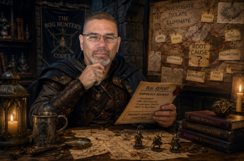 Frank Jamison portrayed as a Dungeons & Dragons inspired bug hunter and investigator, seated in a dimly lit medieval study or dungeon chamber. Wearing dark adventurer attire with leather armor and a hooded cloak, he studies a mysterious bug report with a focused, thoughtful expression while surrounded by maps, candles, dice, books, and investigative notes connected by red string on a wall labeled with debugging clues. The scene evokes a fantasy detective unraveling the root cause of a dangerous, unnatural threat.