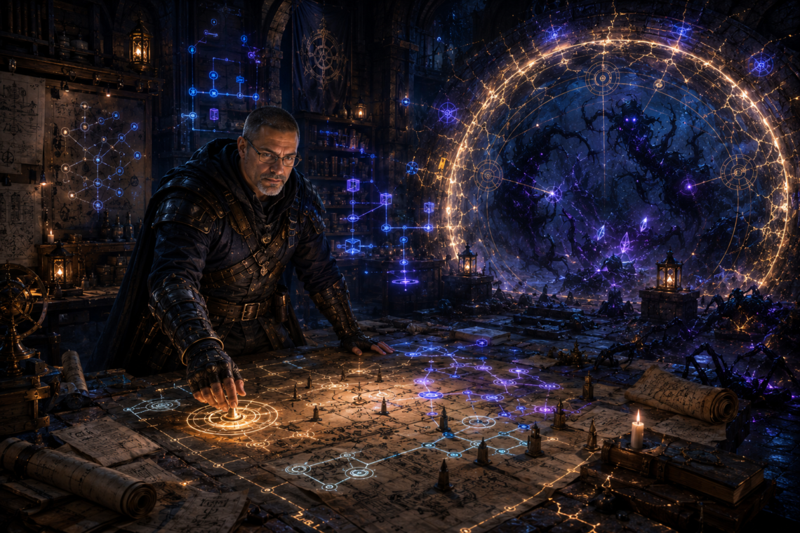 Cinematic D&D-inspired fantasy scene featuring Frank Jamison as a seasoned bug hunter and veteran engineer inside an ancient underground command chamber. Frank stands in dark adventuring gear over a massive glowing stone war table covered in illuminated maps, architectural diagrams, scrolls, and rune-like symbols resembling software systems, tests, and monitoring pathways. He carefully activates glowing magical wards while reinforcing a fractured containment barrier trapping shadowy corrupted creatures in the background. The chamber blends a wizard’s sanctum and incident-response war room, filled with lanterns, tomes, magical instrumentation, and faint mist. Deep blue, violet, ember, and golden lighting create a mood of vigilance and recovery after battle, symbolizing software protection and preventing bugs from returning.